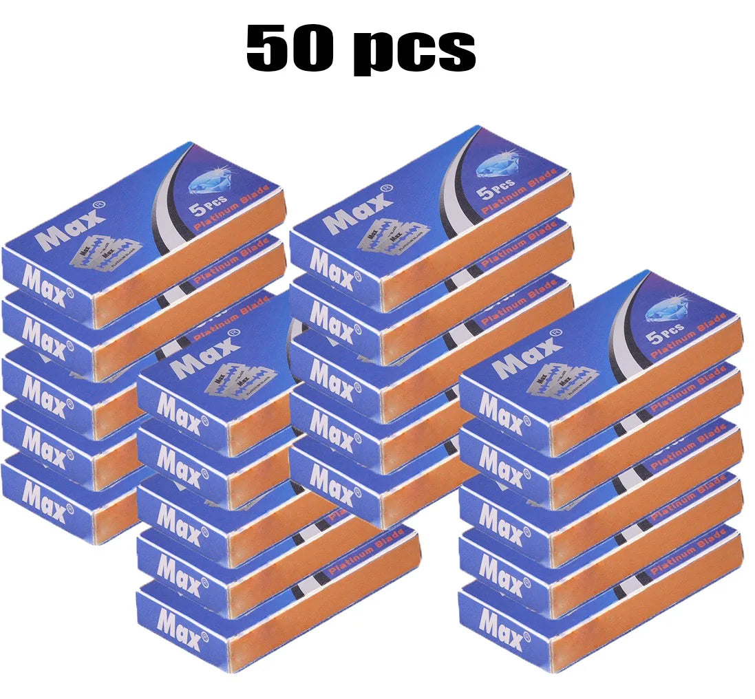 Fifty pieces of Max folding straight razor blades packaged in blue and brown boxes.