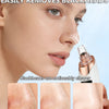 A woman is using an electric blackhead remover vacuum acne cleaner on her nose, showing before and after results.