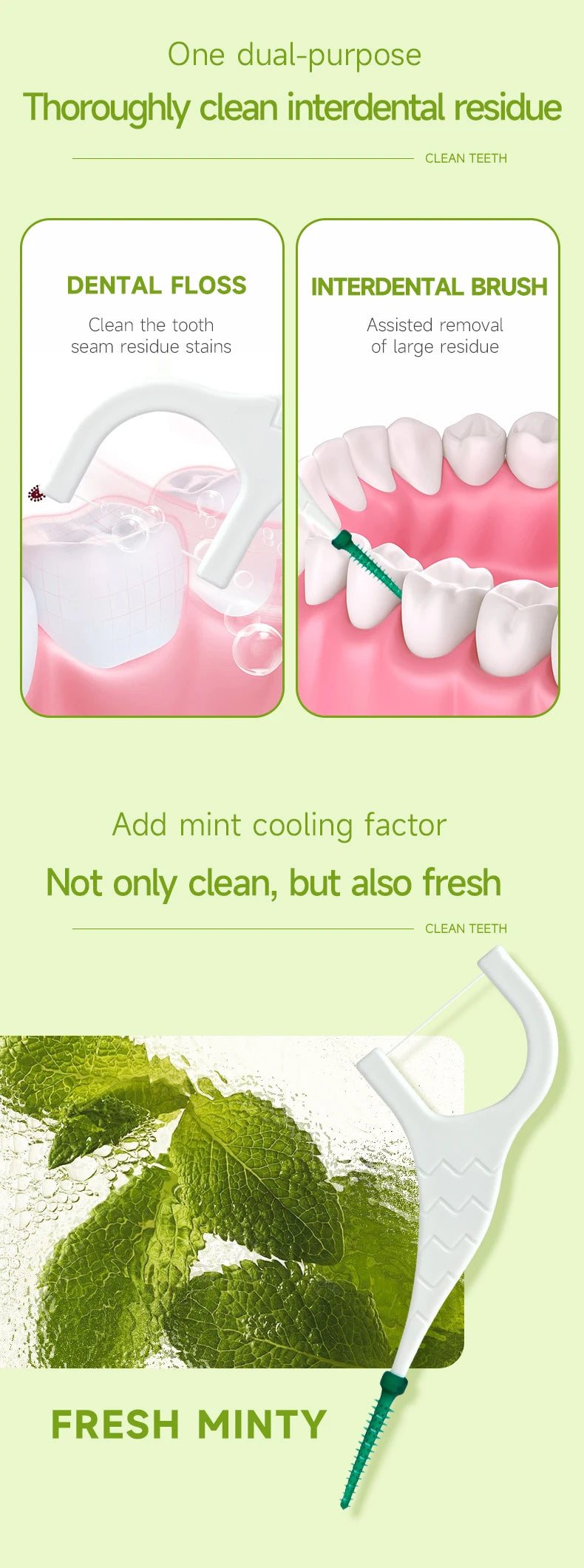 A white silicone dental floss and interdental brush are shown next to fresh mint leaves.
