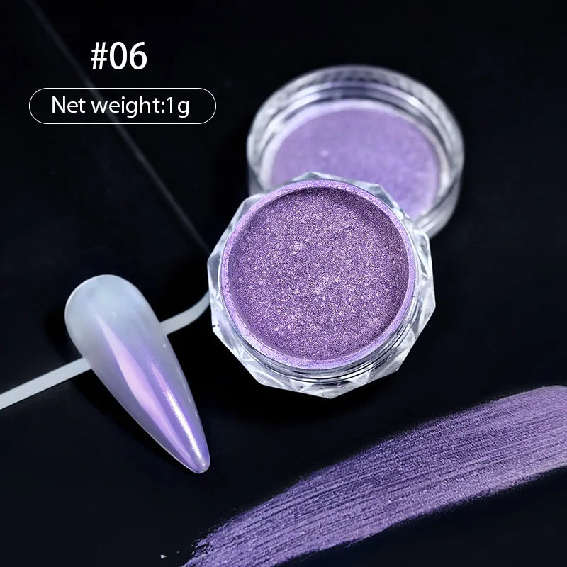 A small jar of purple holographic chrome nail glitter powder with a synthetic nail shown next to a swatch.