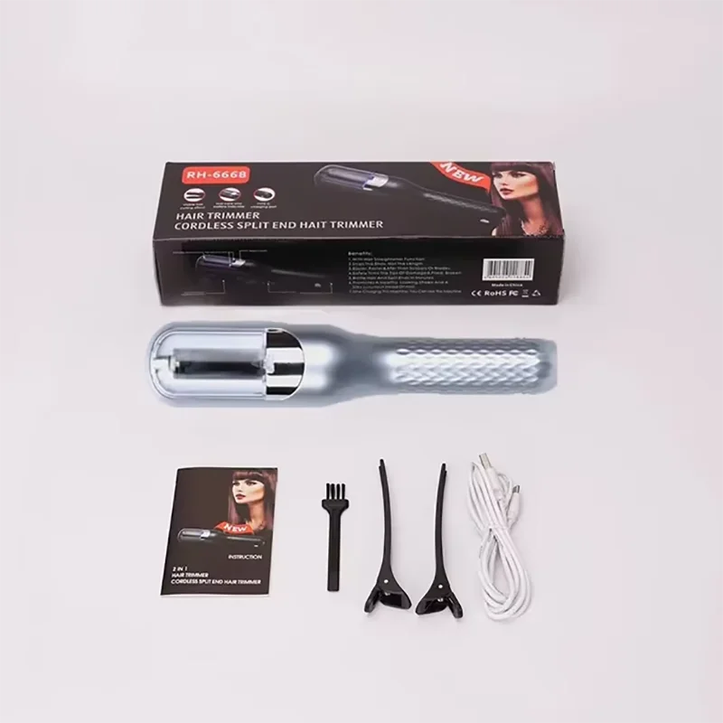 A box and components for a professional cordless split end hair trimmer, including the trimmer unit and accessories.
