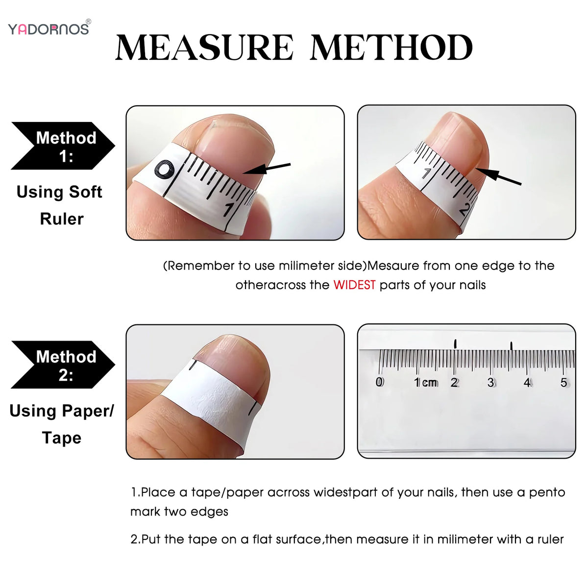 Instructions for measuring nails using a soft ruler or paper tape to determine size.