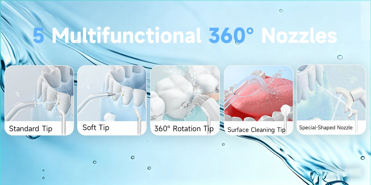 A display showing five different multifunctional 360 degree nozzles for a portable water flosser oral irrigator.