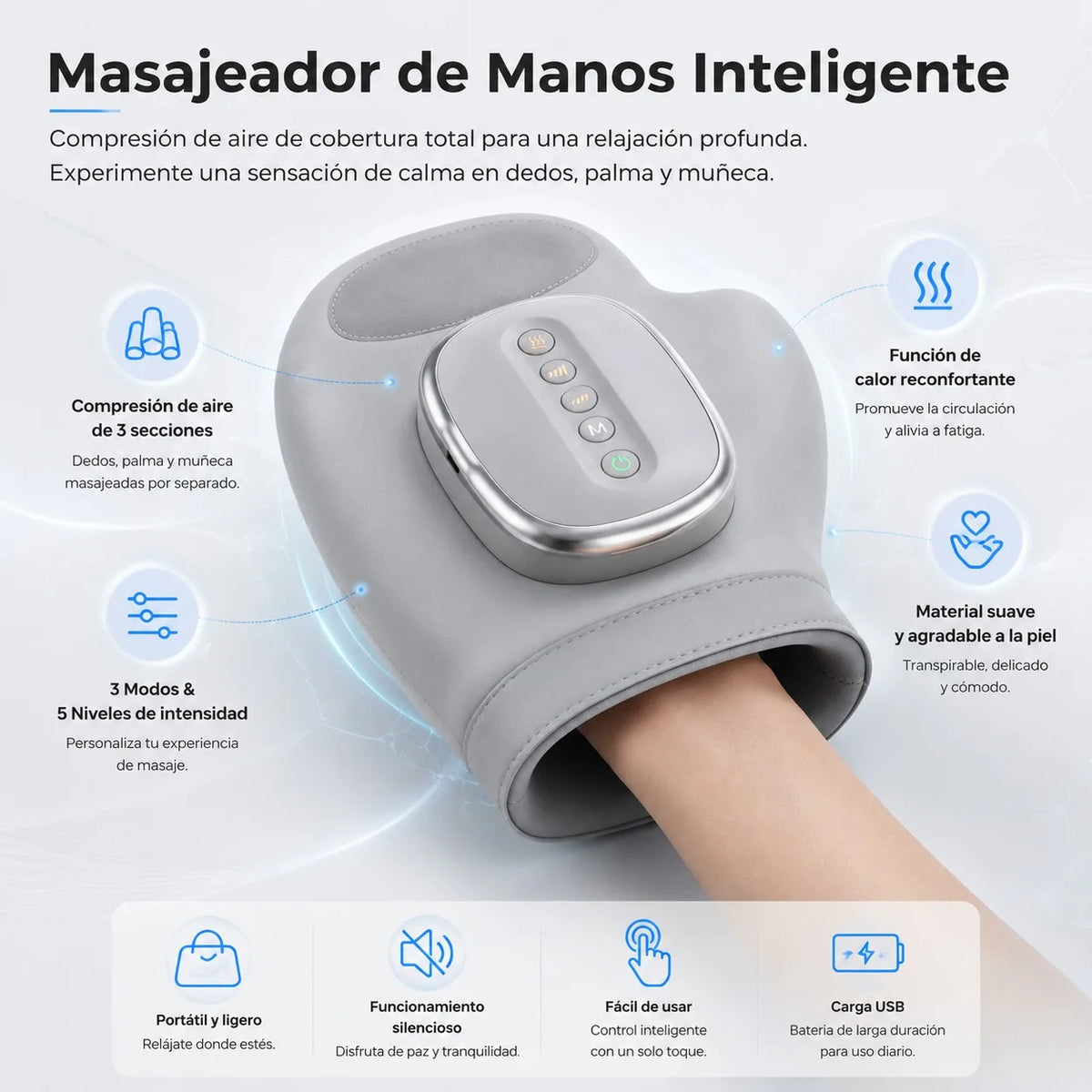 Graues ergonomisches Handmassagergerät am Arm, das Luftkompressionseigenschaften demonstriert.