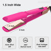 A pink infrared hair straightener and curler tool with a 1.5 inch wide barrel and dual voltage capability.