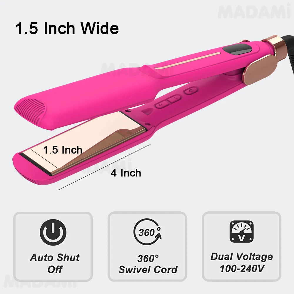 A pink infrared hair straightener and curler tool with a 1.5 inch wide barrel and dual voltage capability.