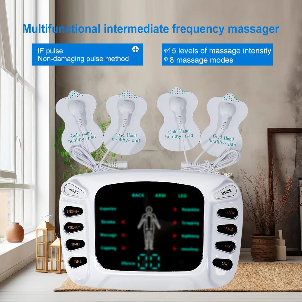 A white multifunctional intermediate frequency massager device with various massage modes and intensity levels displayed on t