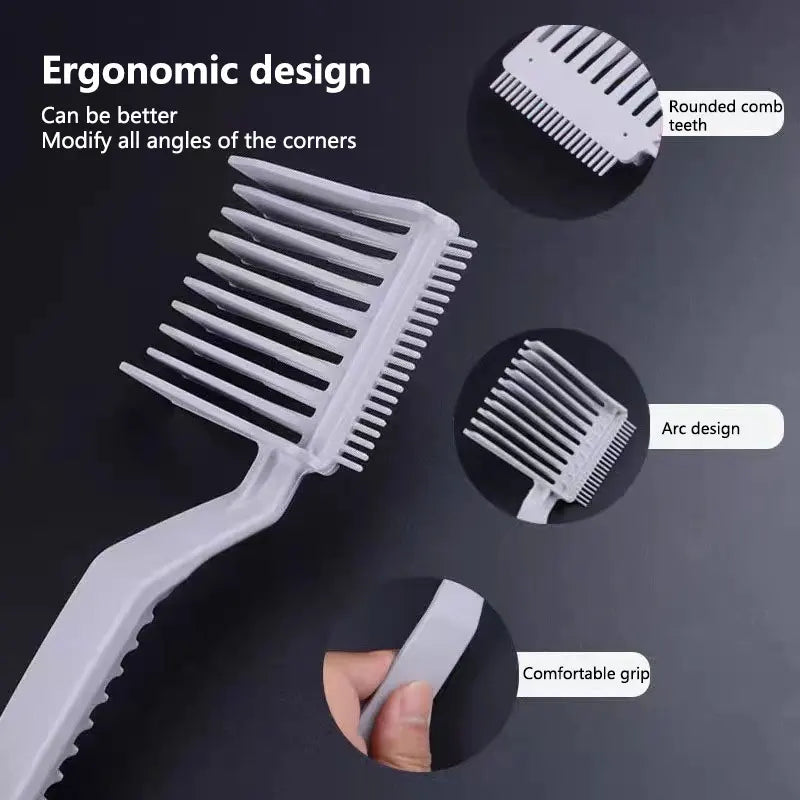 A white professional V-shaped hair cutting comb set showing various ergonomic designs and features.