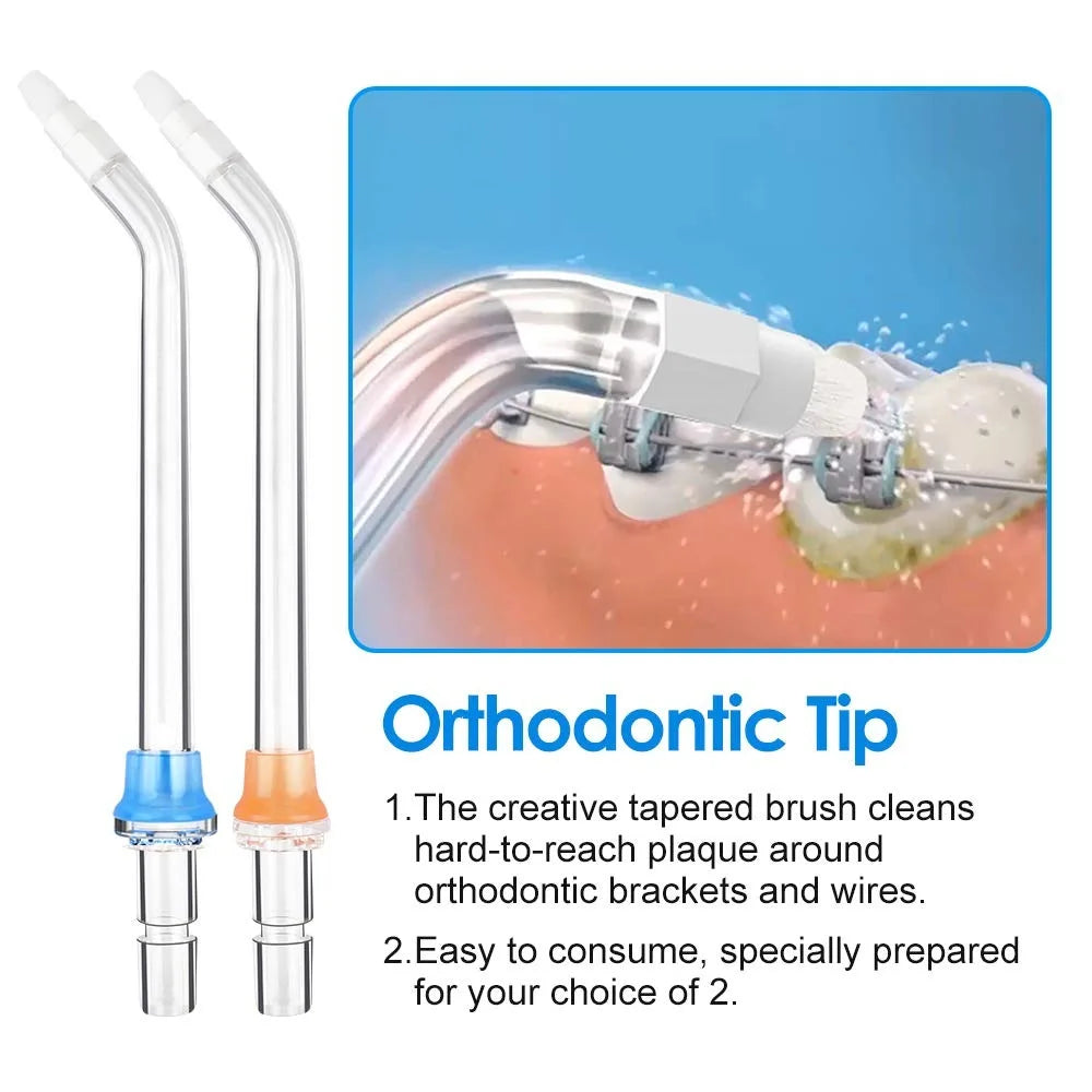 Two replacement orthodontic tips for a water flosser are shown, illustrating how they clean around brackets and wires.