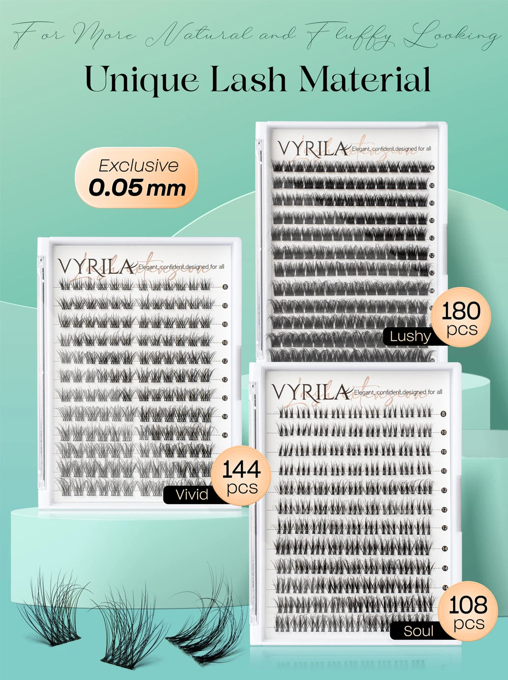 Packaged vials of natural and fluffy eyelash material in 0.05mm size for lash extensions