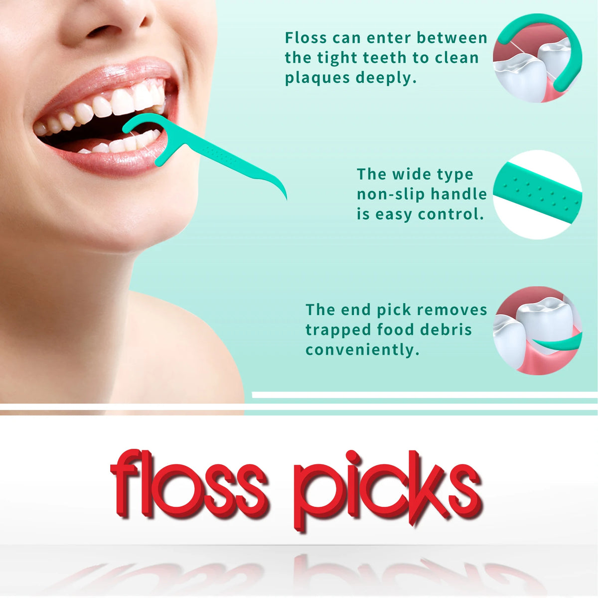 A close-up of a person using floss picks to clean teeth, highlighting the ease of use and function.
