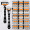 A set of precision multi-blade shavers with orange and black components displayed against a white background.