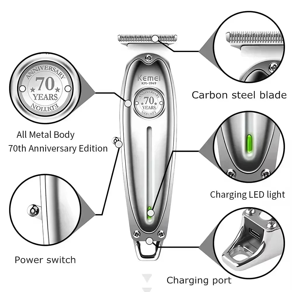 Diagram showing the components and features of a Kemel 70 Years Anniversary Edition rechargeable electric hair clipper.