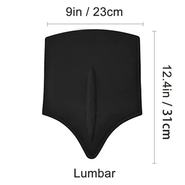 Black lumbar compression support board measuring 9 inches wide and 12.4 inches high