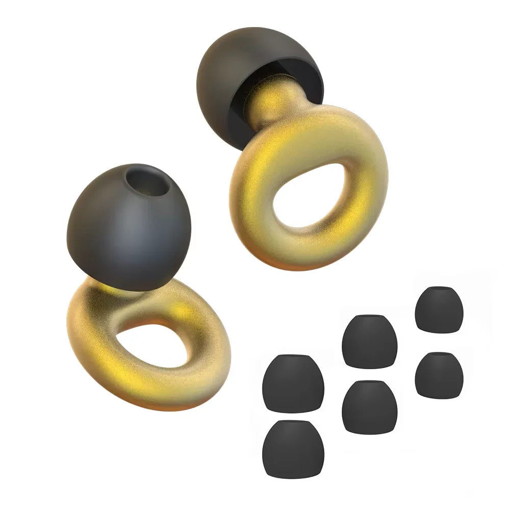 Un set de bouchons d'oreille en silicone anti-bruit, finition noir mat et or.