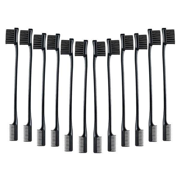 A collection of twelve black dual-sided edge control hair brushes arranged in a row.