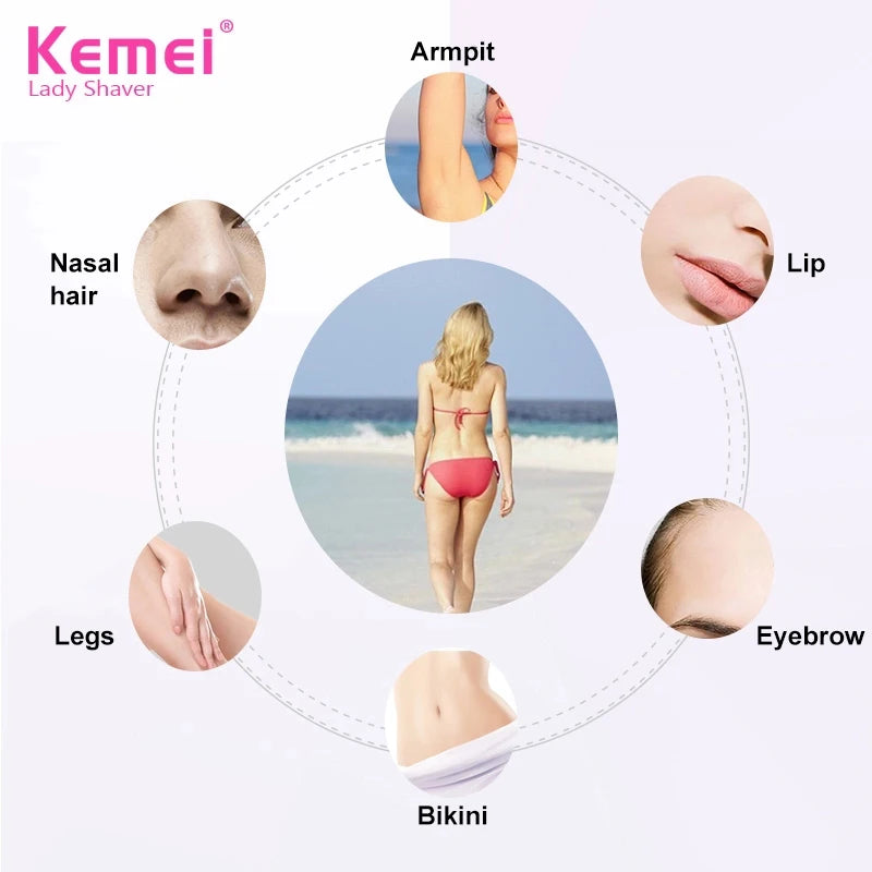 A diagram showing a 4-in-1 multi-function shaver for nasal hair, armpit, lip, eyebrow, legs, and bikini area.