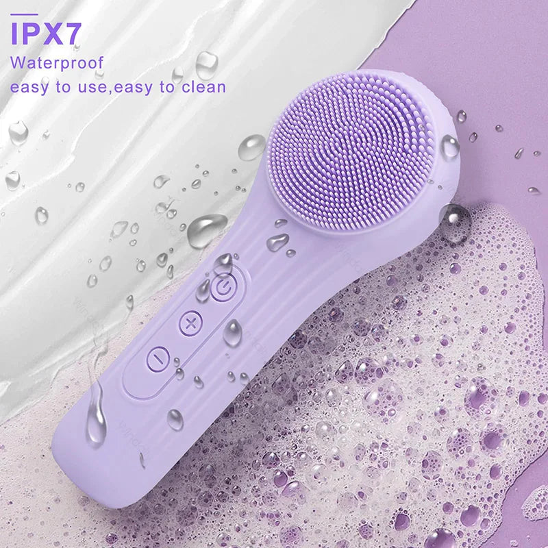 A purple sonic waterproof facial cleansing brush is shown resting on a surface with water droplets and foam.