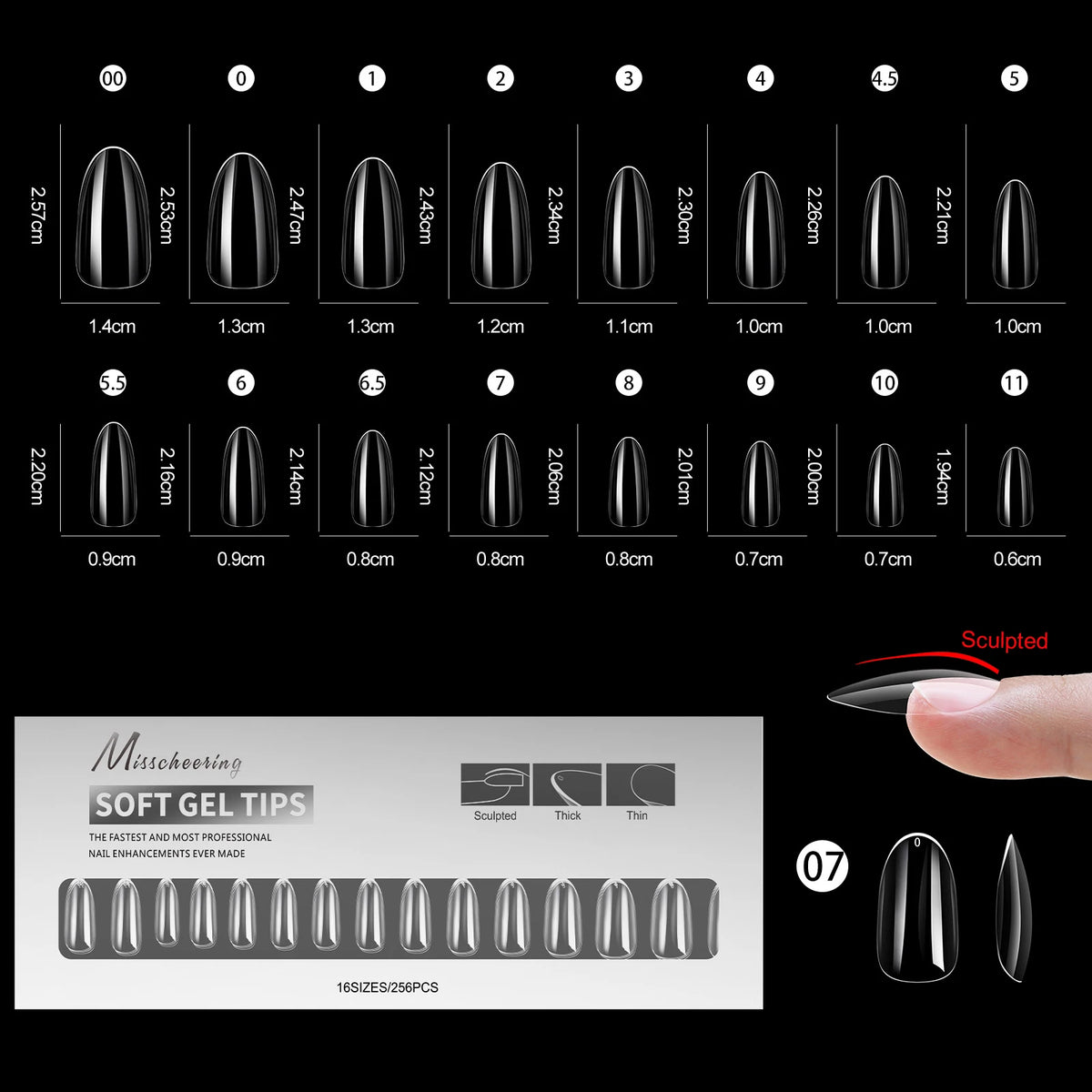 Présentation de différentes tailles et formes d'extensions en acrilique pour ongles, y compris des designs en courbe en C.
