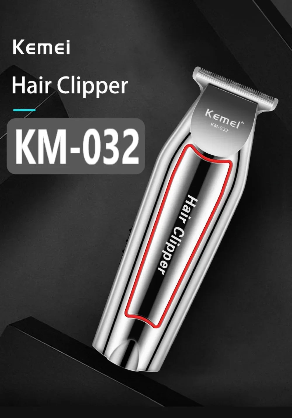 A silver Kemei KM-032 hair clipper is shown against a dark background.