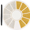 A circular display of mixed gold and silver stainless steel bead nail art decorations.