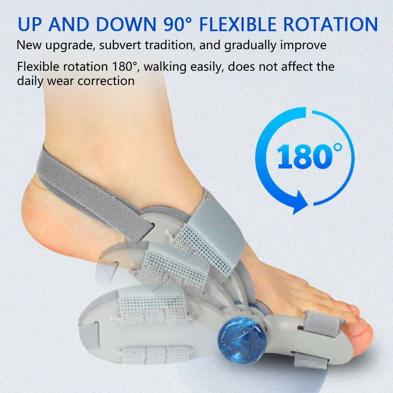 Un correcteur de pied gris réglable est montré sur le pied d'une personne, démontrant une rotation flexible de 180 degrés.