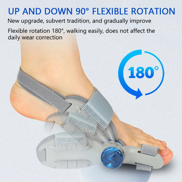 A person's foot is shown wearing a gray adjustable device for up and down 90 degree flexible rotation.