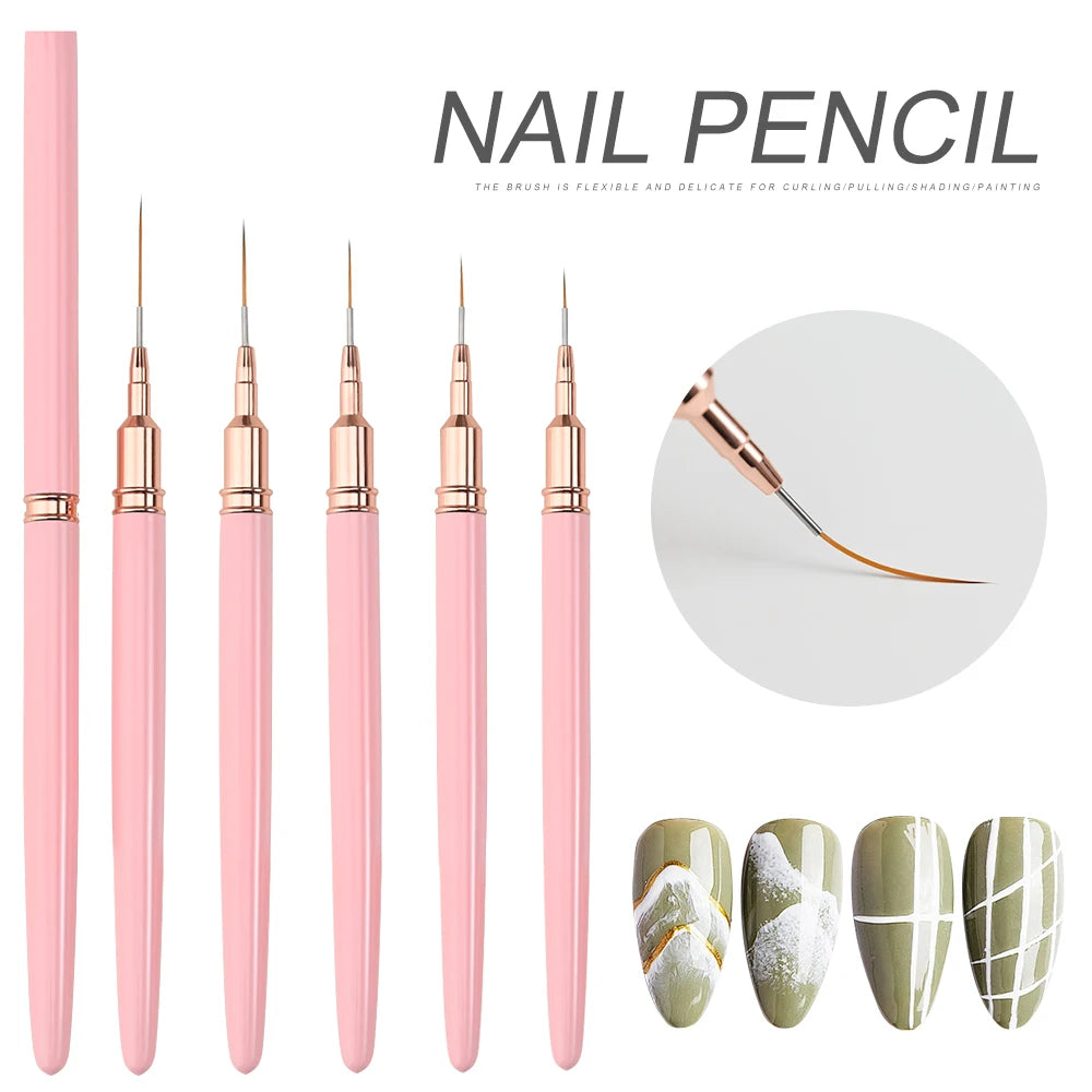 A set of five pink nail pencil brushes with ultra-fine tips shown alongside several finished nail art designs.