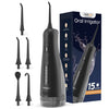 A black momwell oral irrigator device shown with various tips and a gravity ball in a box.