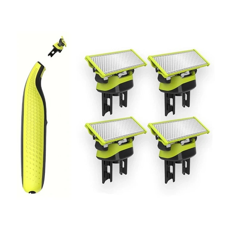 A set of universal replacement razor blades in lime green and black packaging.