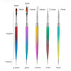 A set of precision nail art brushes showing various sizes and colors for gel and acrylic polish application.