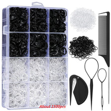 A clear plastic container filled with various black and white hair ties for styling and braiding