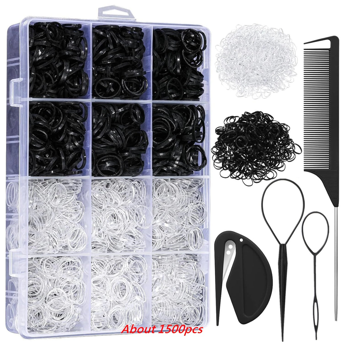 A clear plastic container filled with various black and white hair ties for styling and braiding