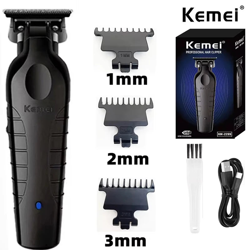 A set of Kemei professional electric hair clippers in black with various guard sizes including 1mm, 2mm, and 3mm.