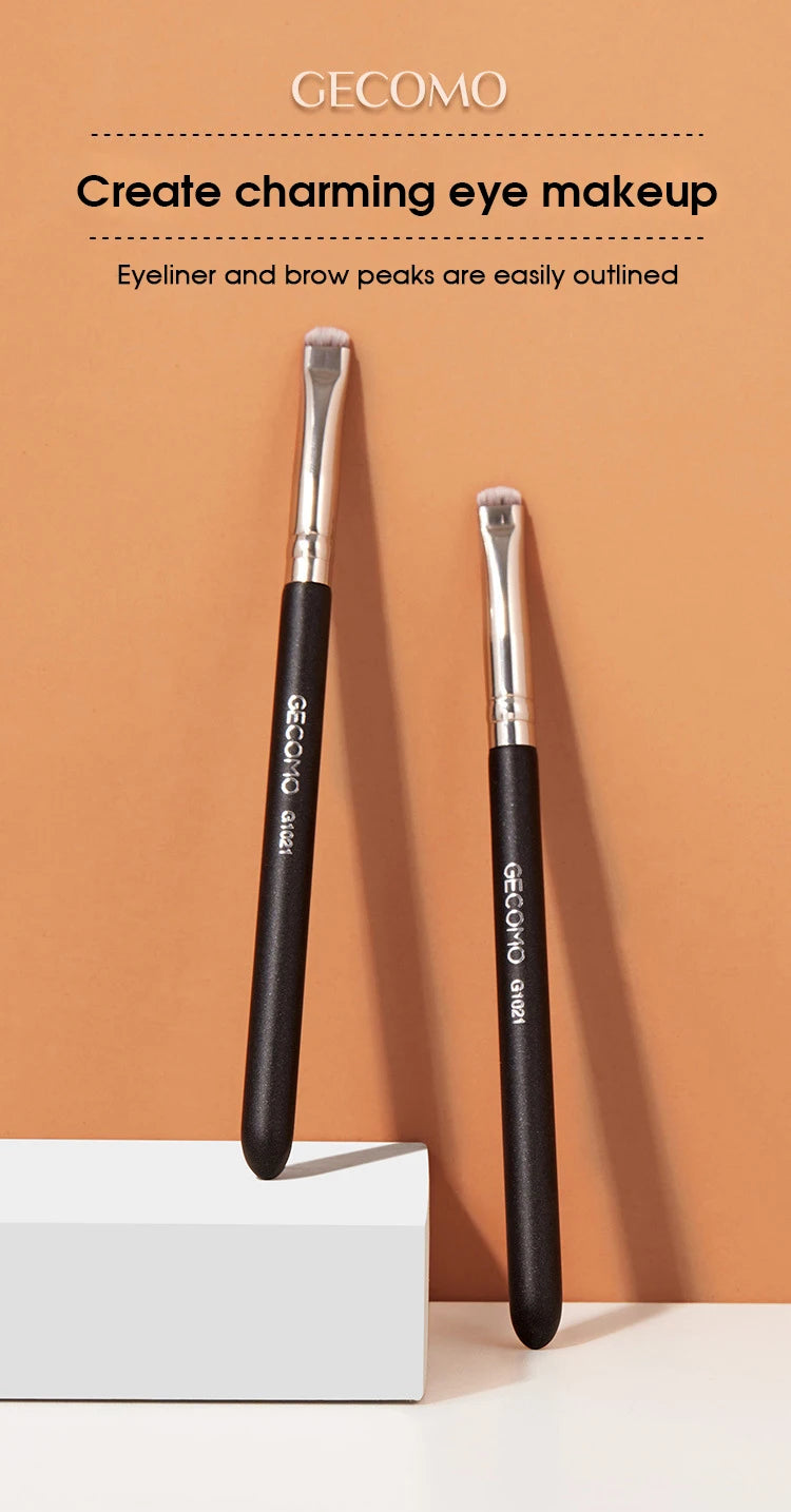 A set of GECOMO eyeliner and brow makeup brushes displayed against a peach background.