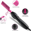 A pink electric hot comb hair straightener with an aluminum alloy comb, support rod, and power button.