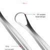 Stainless steel U-shaped tongue scraper with an angled head design and ergonomic grip for oral hygiene