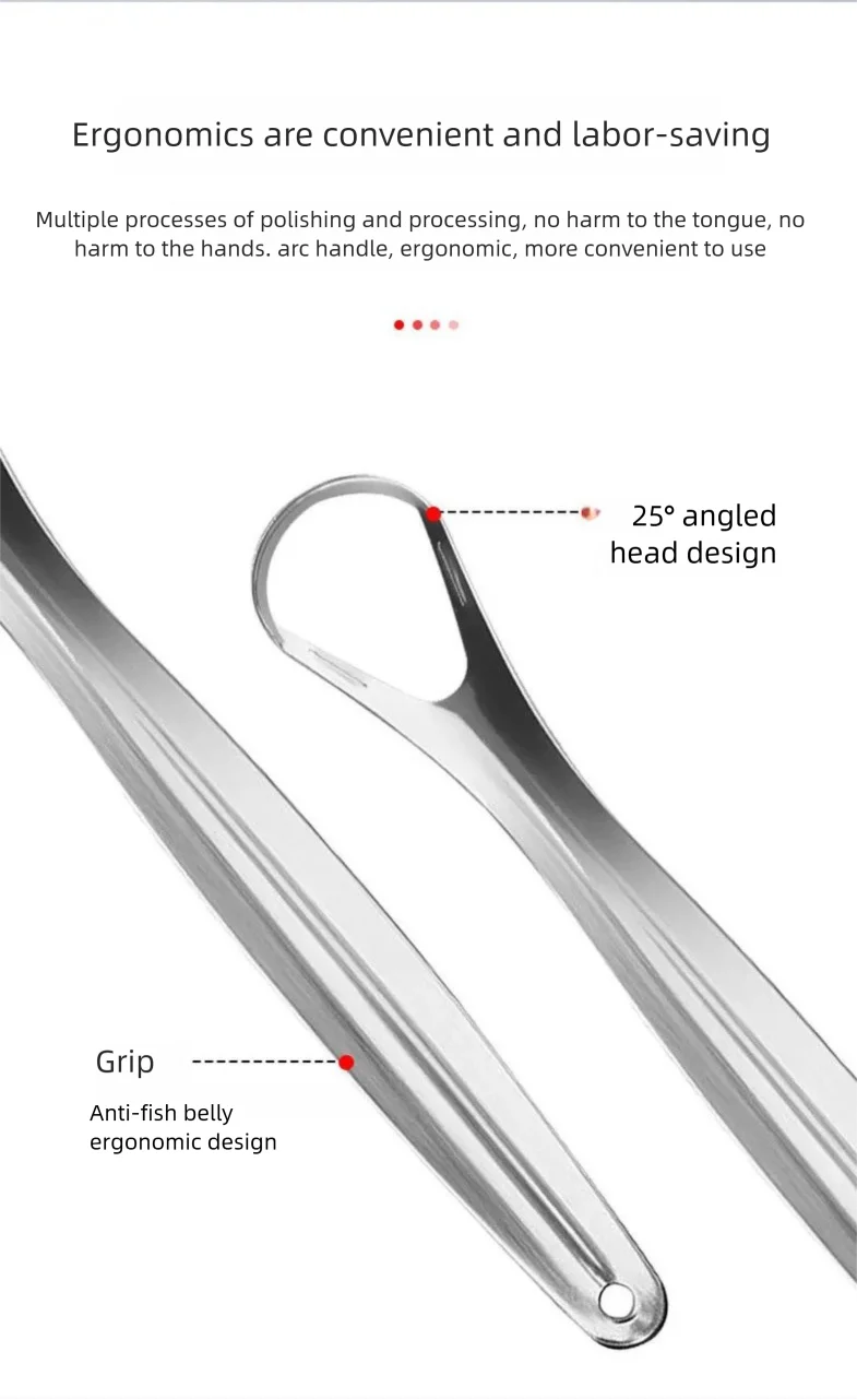 Stainless steel U-shaped tongue scraper with an angled head design and ergonomic grip for oral hygiene