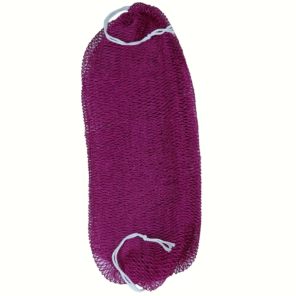 A deep magenta exfoliating bath sponge made of a mesh net with white ties.