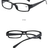 Black rectangular reading glasses with clear lenses shown from the front and back views.
