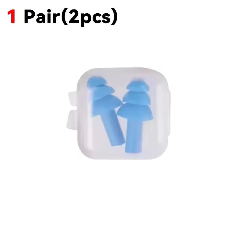 Un par de tapones para los oídos reutilizables de silicona, mostrados en un recipiente de plástico transparente.