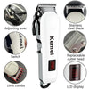 A white and silver professional rechargeable hair clipper trimmer showing various parts including the adjusting lever, switch