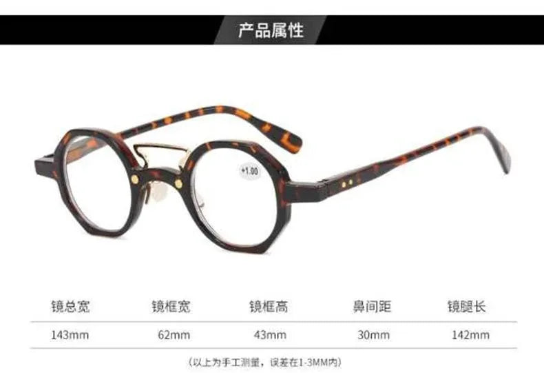 Une paire de lunettes de lecture rondes à monture marron sur fond blanc.