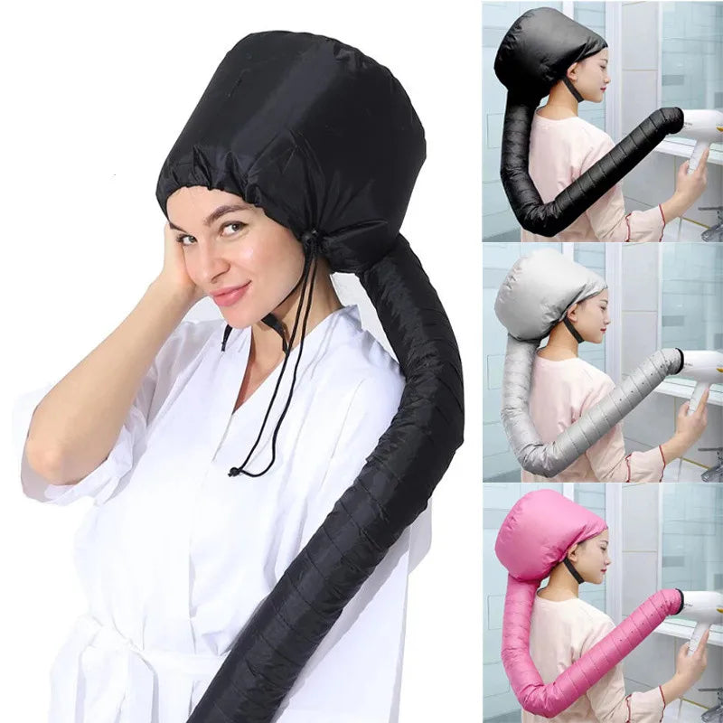 A woman wearing a black adjustable hair drying cap for salon or home use.