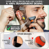 A man uses a transparent beard styling stencil comb to control hair lines for precise grooming.
