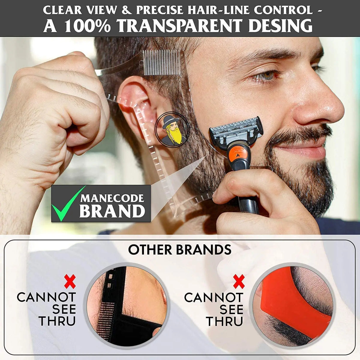 A man uses a transparent beard styling stencil comb to control hair lines for precise grooming.