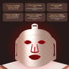 A pink and gold LED light therapy face mask device with a stylized facial design.