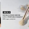 A set of beige double-ended makeup brushes for blending and contouring shown next to a model.