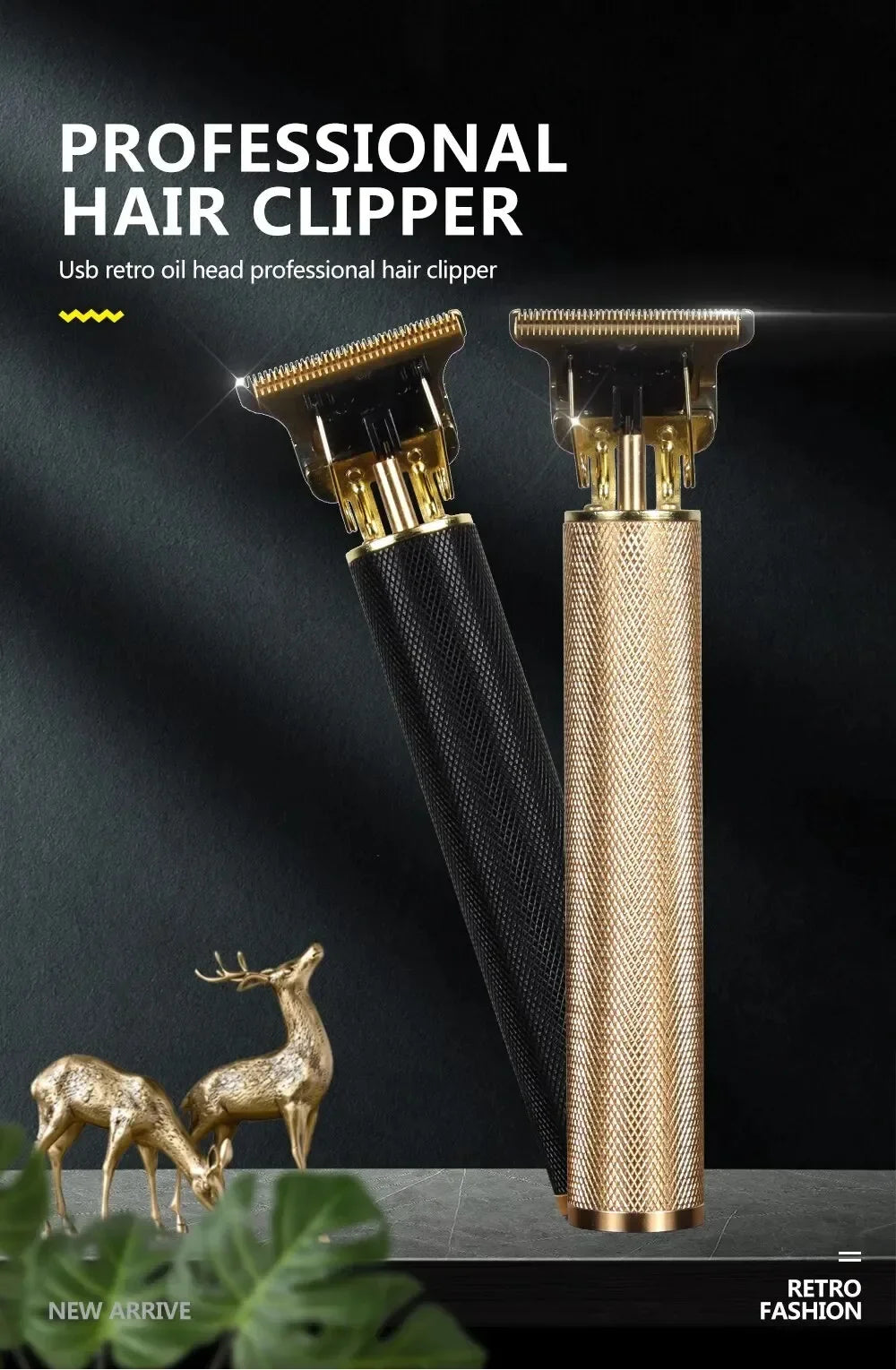 A professional hair clipper with a black body and gold accents is shown next to a decorative deer skull.