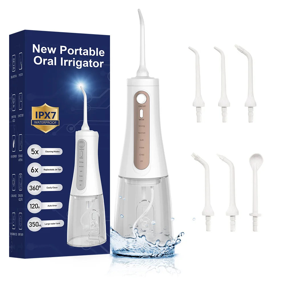 A white portable oral irrigator device and various tips are shown next to its packaging.